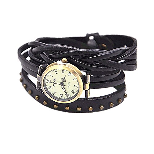 Minilujia Roman Number Dial 2 Around Wrap Women Watches With Vintage Bronze Rivet Leather Strap Black #TOP1