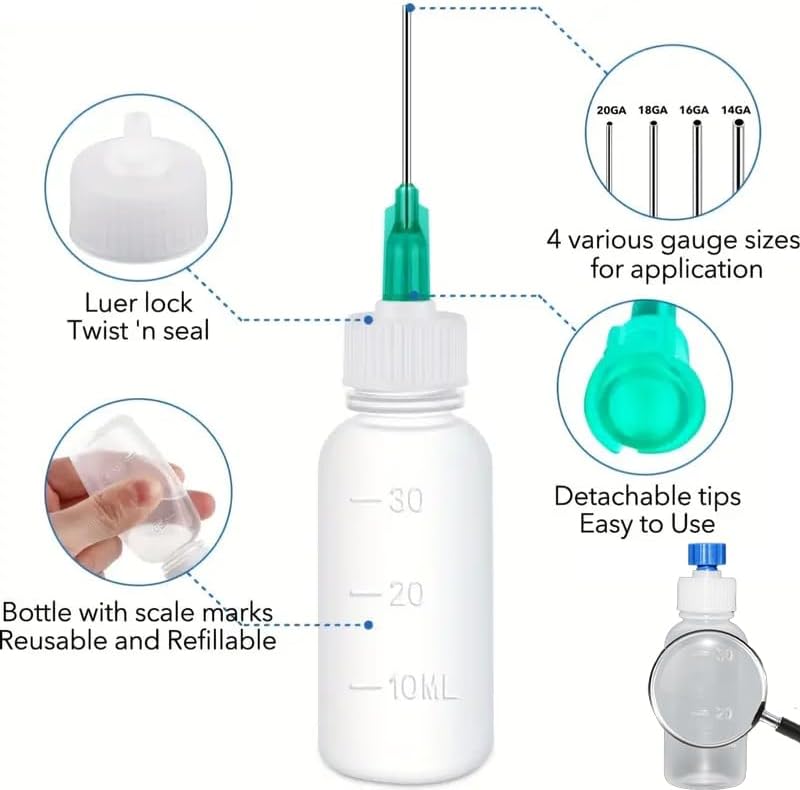 6-Piece Glue Applicator Bottle Set, 30ml Squeezable Dropper Bottles with Blunt Needle Tips (14ga, 16ga, 18ga, 20ga) for Precision Glue, Paint, Quilling, and Oil Applications in Crafting