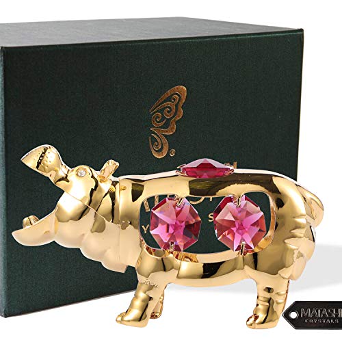 Matashi 24K Gold Plated & Crystal Studded Open Mouth Hippopotamus Ornament Collectibles Mini Hippo River Animal Figurine For Table Home Decoration, Christmas Tree Ornament - Great Gifts Idea #TOP1