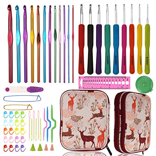 Katech Crochet Hooks Kit with Deer Pattern Storage Case, 60 pcs Knitting Accessories Ergonomic Crochet Hooks Knitting Needles Set Weave Yarn DIY Hand Knitting Tools for Beginners and Crochet Lovers