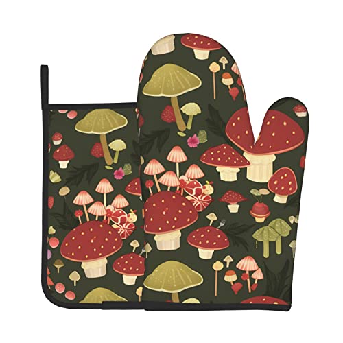 Vintage Mushroom Oven Mitts And Pot Holders Sets Of 2, Non-Slip Cooking Hot Pads Washable Heat Resistant For Kitchen Microwave Bbq Baking Grilling #TOP10