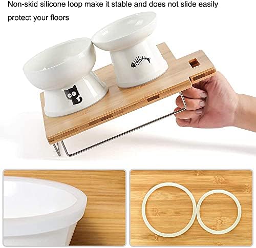 YY FOREYY Raised Cat Food and Water Bowl Set, Elevated Ceramic Cat Feeder Bowls with Anti Slip Band, Porcelain Pet Dish, Stress Free, Backflow Prevention, Dishwasher Safe(White)