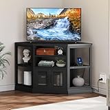 DWVO Corner TV Stand for TVs 55/50 Inch with Power Outlet, Modern Farmhouse Entertainment Center, Wood TV Media Console with Storage Cabinets Shelves for Living Room, Black