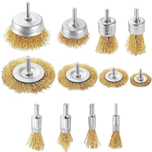 Techson Rueda de cepillo de alambre de 12 piezas, muela abrasiva de copa de alambre prensado con revestimiento de latón, accesorios de desbarbado para taladro de 1/4 pulgadas Cover