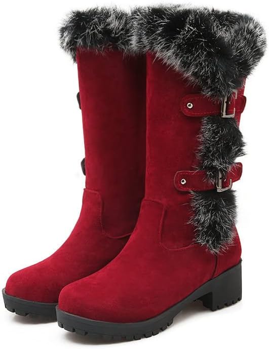 CROSSBABY Women Winter Real Fur Rabbit Boots Metal Buckle Comfy Warm Mid-Calf High Snow Boots, Suede Quilted Comfortable Winter Boot