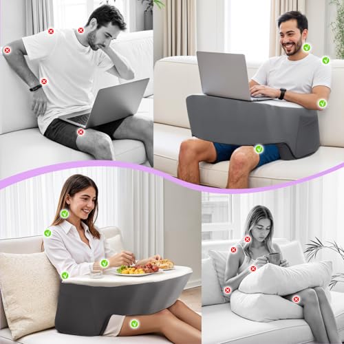 Image of Ergonomic Lap Desk Pillow with Cooling Memory Foam - Gaming Cushion for Bed, Laptop Support, and Reading Pillow with Armrest for Comfort at Home, Office, or Travel (Grey)