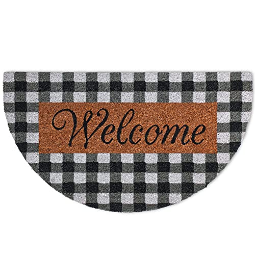 Half Round Door Mat, 17X30 Farmhouse Check Welcome Mat, Half Round Durable Coir Doormat, Cute Welcome Mats For Front Door, Outside Porch Or Entrance, Layered Look Door Mats, Indoor Outdoor Home Rug #TOP1