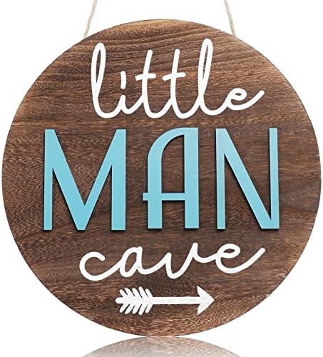 Little Man Babe Cave Door Sign Wooden Round Kids Baby Wall Plaques for Little Boys Girls Nursery Natural Wood Wall Art Toddler Bedroom Living Room Rustic Hanging Farmhouse Woodland Playroom Tent Décor (Boy Blue)