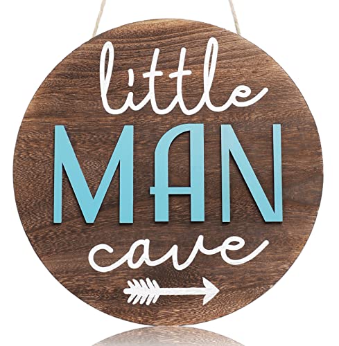 Little Man Babe Cave Door Sign Wooden Round Kids Baby Wall Plaques For Little Boys Girls Nursery Natural Wood Wall Art Toddler Bedroom Living Room Rustic Hanging Farmhouse Woodland Playroom Tent Décor (Boy Blue) #TOP18
