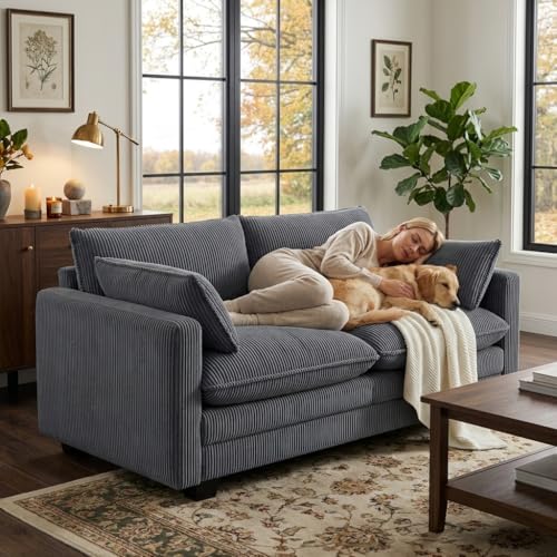 Gizoon 75” Small Cloud Couches for Living Room, 2 Seater Sofa Set Breathable Comfy Corduroy Love Seat for Living Room Bedroom and Apartment,Pet-Friendly Fabric, Grey Grey 75 Inch