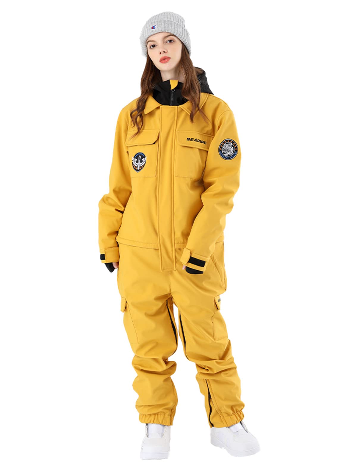 JELEUON Women Men One Pieces Ski Suits Winter Warm Insulated Waterproof Ski Jumpsuit Coveralls Snowsuits for Snow Sports (XL, Men-Yellow)