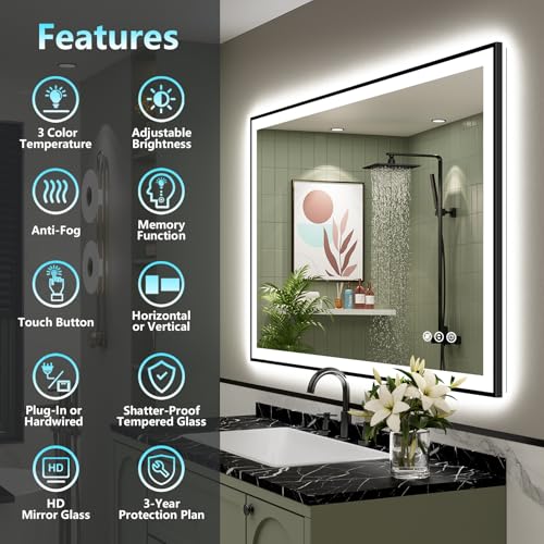 Image of 48x30 Black Framed LED Bathroom Mirror with Lights, Backlit and Front Lit Anti-Fog Lighted Vanity Mirrors for Bathroom Wall, Dimmable, 3 Colors, Memory, HD Tempered Glass, Horizontal /Vertical