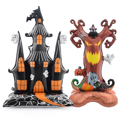 Eanjia Halloween Standing Balloons 4ft | Pack of 2 – Large Ghost Castle & Spooky Tree Self-standing Thick Foil Balloons for Halloween Party Decoration & Photo Props | Helium Free