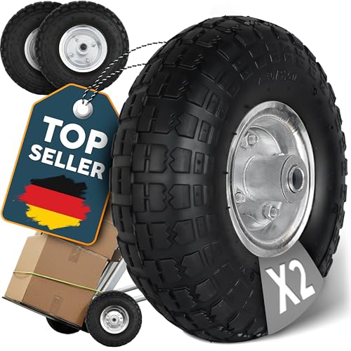 FROSAL PU-Ersatzrad 4.10/3.50–4 – 2 Stück – pannensicheres Rad mit Stahlfelge & Kugellager – wartungsfreie Vollgummi-Bereifung – Achsdurchmesser 16 mm, Nabenlänge 55 mm – für Sackkarre & Bollerwagen