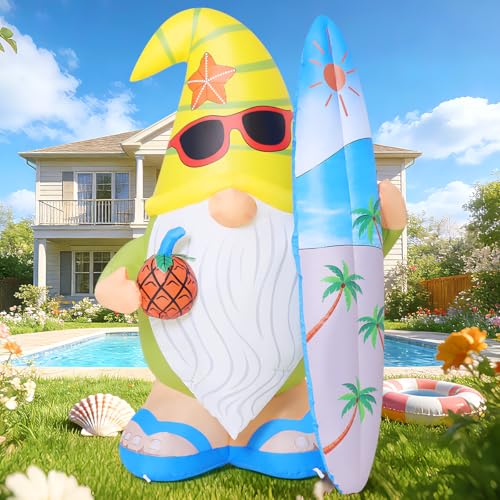 GOOSH 5.2 FT Summer Inflatables Hawaii Gnome Decorations Outdoor Blow Up Yard with Surfboard&Pineapple Built-in LEDs for Garden Lawn Indoor Party Beach Decor