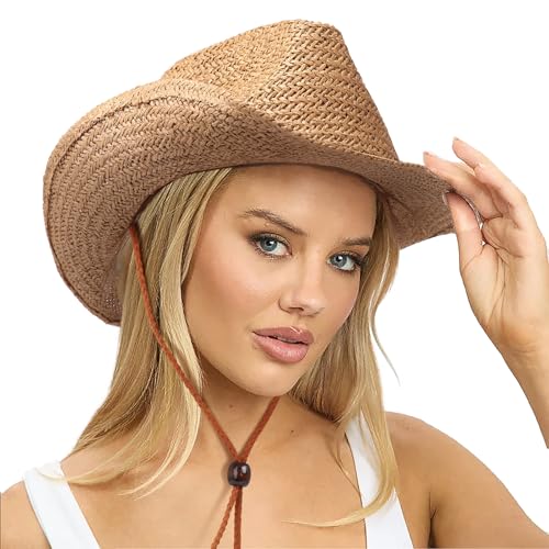 Image of DRESHOW Straw Cowboy Cowgirl Hat for Women Men Western Coastal Cowboy Beach Hat with Shapeable Brim Unisex Rolled up Caps