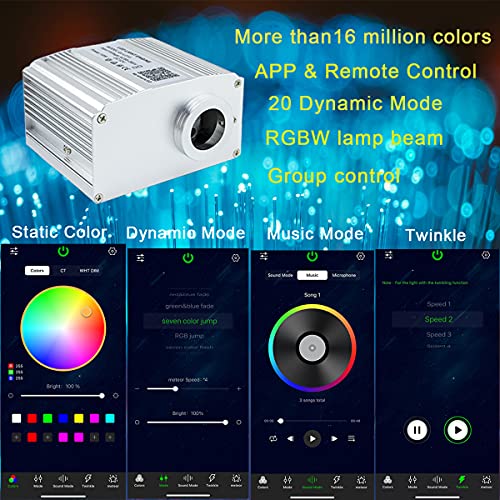 AZIMOM Bluetooth Control 10W Twinkle Fiber Optic Star Lights Ceiling Light Kits with 450pcs*0.03in*9.8ft Strands Sound Activated RGBW APP/ Remote Light Engine for Indoor Car Home Interior Decoration