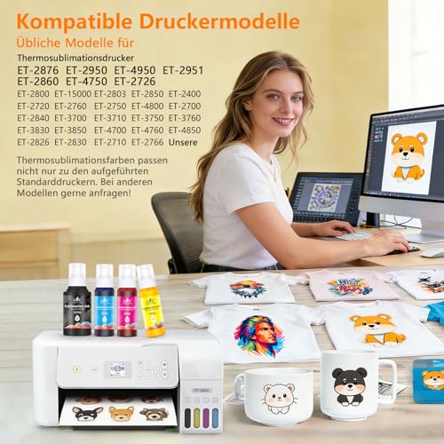 Atrament sublimacyjny kompatybilny z Epson ET-1810 ET-2820 ET-2810 ET-2861 ET-2862 ET-2870 ET-15000 ET-2850 ET-2856 ET-2811 ET-2876 wierny kolor chroni głowicę drukującą Druk sublimacyjny na Filiżanki