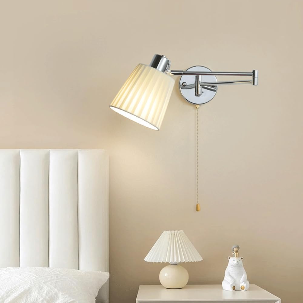 Chrome Swing Arm Wall Sconce with Pull Chain Hardwired Industrial Wall Mounted Reading Light with Pleated Fabric Shade Mid Century Wall Lamp for Bedroom Bedside Living Room Farmhouse