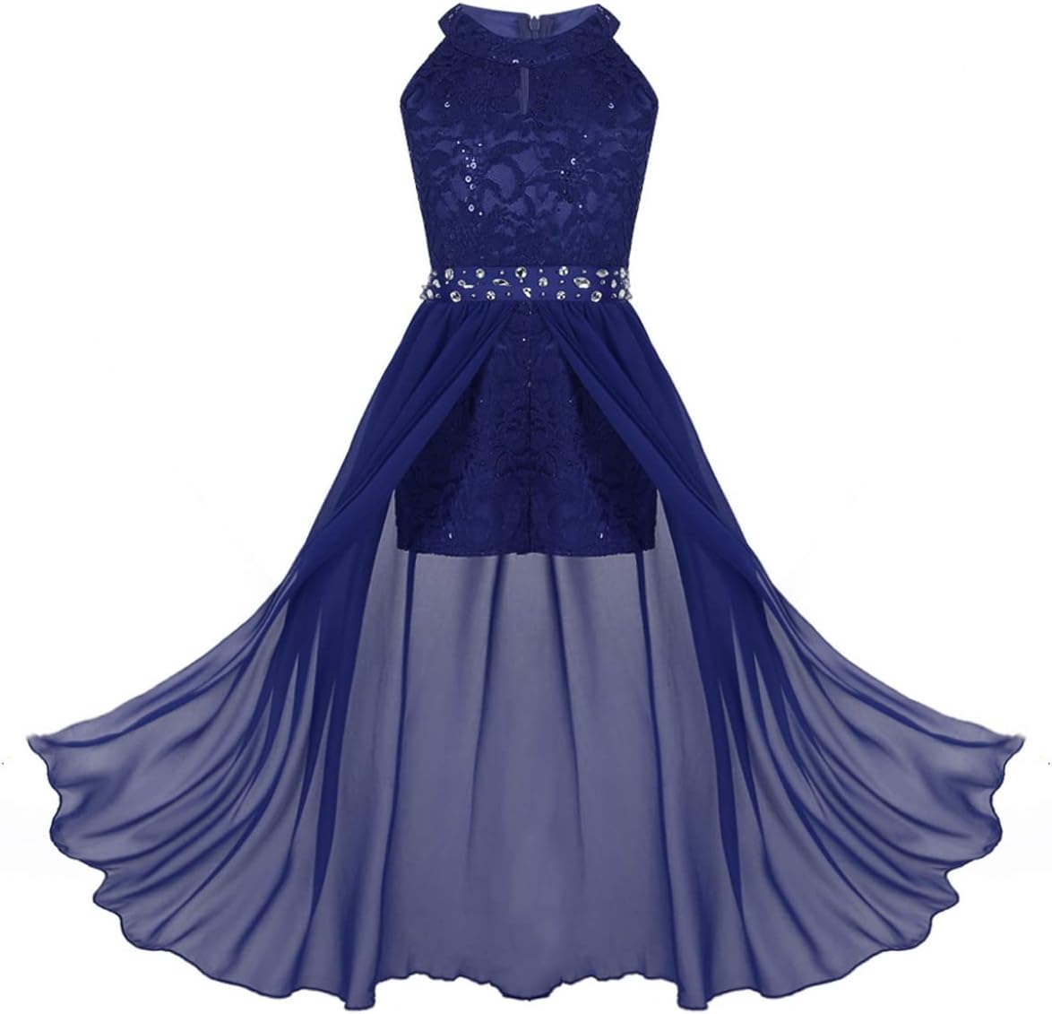 IBAKOM - Abito Lungo Da Bambina, In Pizzo, Con Fiore, Per Matrimonio, Damigella D'onore, Ballo, Serata, Compleanno, Comunione, Festa, Anniversario - Foto 2