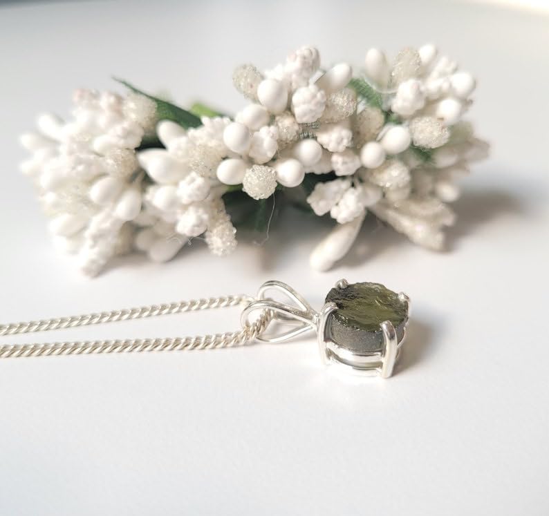 Rough Moldavite Pendant Necklace, Solid 925 Sterling Silver Minimalist Pendant, Certifed Moldavite From Czech Republic, Gift For Her3