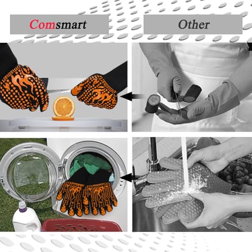 Image of Comsmart BBQ Gloves, 1472F Heat Resistant Grilling Gloves Silicone Non-Slip Oven Gloves Long Kitchen Gloves for Barbecue, Cooking, Baking, Short, Orange