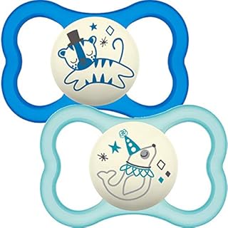 MAM Latex Air Night Soothers 12 Months + (Pack of 2), Glow in the Dark Baby Soothers with Self Sterilising Travel Case, Newborn Essentials, Blue, (Designs May Vary)