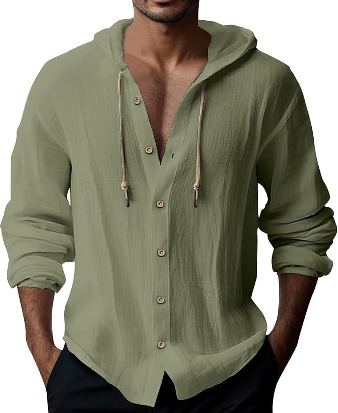 Men's Beach Vacation Long-Sleeved Shirt Cotton Linen Hooded Sweater  Lightweight Casual Button Drawstring Blouse