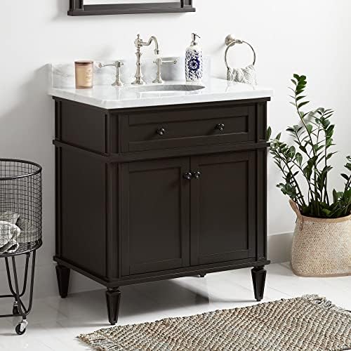Signature Hardware 464687 Elmdale 30" Free Standing Single Vanity Set with Mahogany Cabinet, Vanity Top, and Oval Undermount Vitreous China Sink - 8" Faucet Holes - Charcoal Black/Carrara Marble