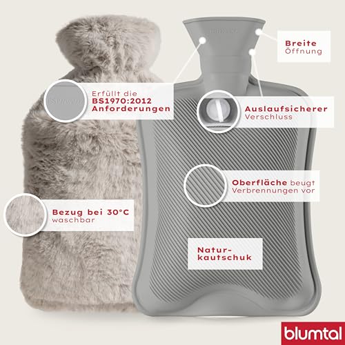 Blumtal Premium Wärmflasche mit Bezug & Tasche flauschig - Wärmeflasche aus verwendungssicherem Naturkautschuk mit Flauschbezug - auslaufsichere Bettflasche mit Innenfutter - Wärmeflasche Braun