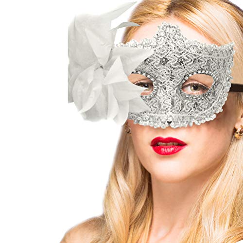 Mardi Gras Face Mask for Women, Masquerade Mask for Prom Ball Fancy Dress Party, Eye Masks Carnival Face Mask White Sequin Lace Venetian Masks for Womens with Feather Fancy Mask for Party