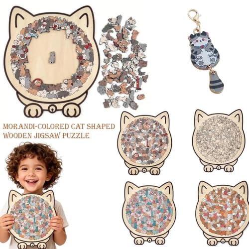 135-Piece Morandi-Colored Cat Shaped Wooden Jigsaw Puzzle, Cute Cat-Shaped Wooden Puzzle with A Frame, Unique Animal Shape Wood Puzzles Gifts for Cat Lovers, Home Desktop Decoration (Brown A)