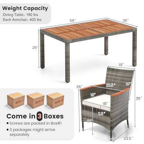 KOTEK 7 Piece Outdoor Dining Set, Wicker Patio Dining Set for 6 with Acacia Wood Table & Chairs, 1.96\'\' Umbrella Hole, Patio Table and Chairs Set for Backyard, Deck, Garden (Mix Grey)