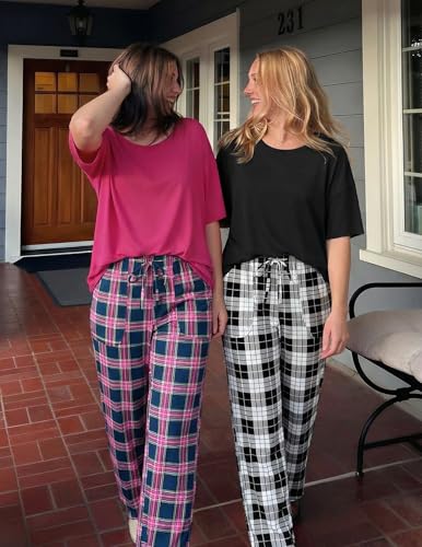 Image of Ekouaer 2 Pack Womens Pajamas Sets Short Sleeve Long Pants Pjs Lounge Set