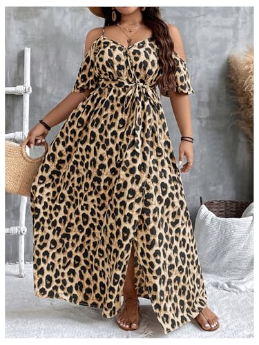 Image of OYOANGLE Women's Plus Size Summer Casual Bohemian Leopard Print Cold Shoulder Belted Wrap Split Long Maxi Dress