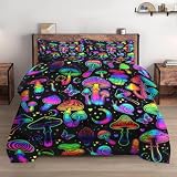 WeCozy Queen Size Comforter Set with 2 Pillowcases, Summer Halloween Mushroom Neon Soft 3 Pcs Bedding for Kids and Adults Bedroom Bed Decor