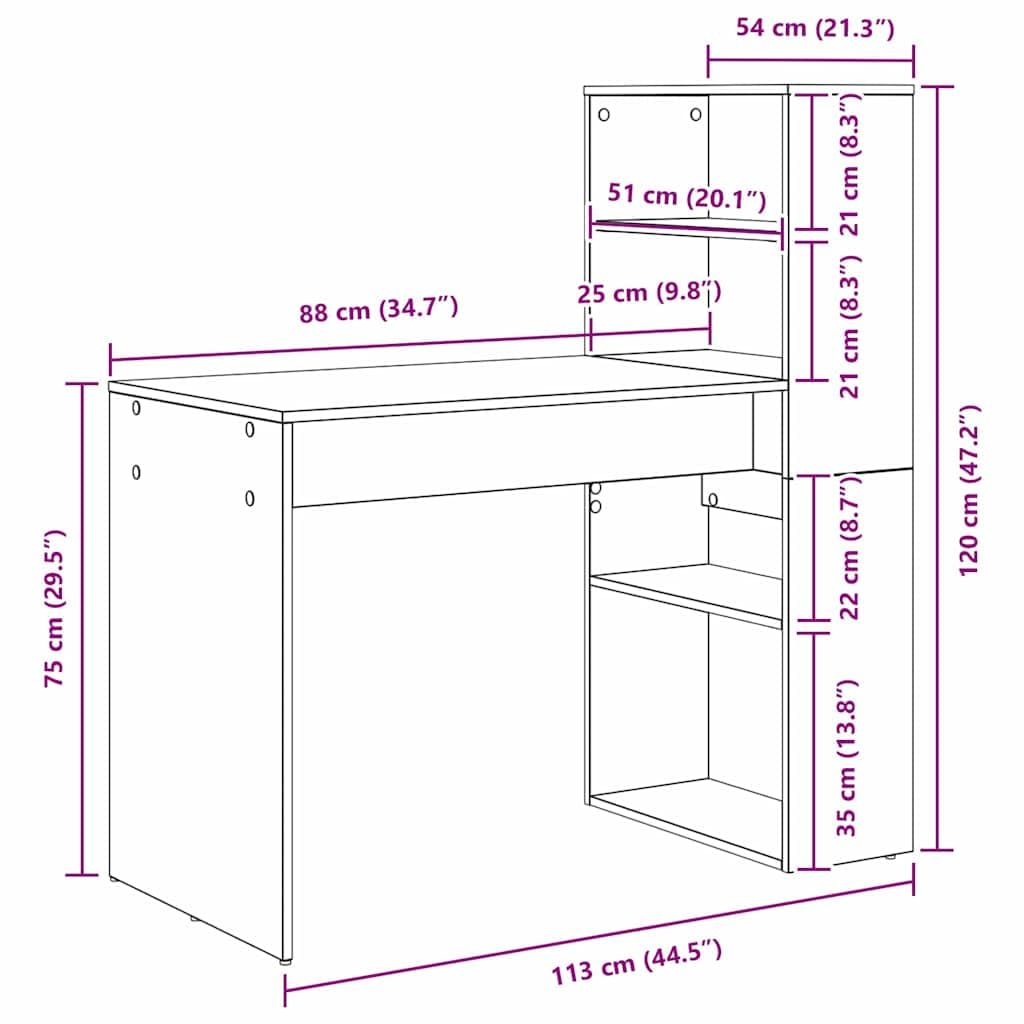 Scrivania in rovere Sonoma, 113 x 54 x 120 cm, con 2 ripiani, ergonomica, salvaspazio, per ufficio, casa, studio, cameretta dei bambini