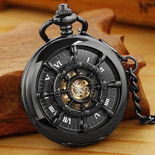 Image of Men's Mechanical Pocket Watch Black Rudder Pattern Double Open Hollow Roman Numerals Pocket Watch