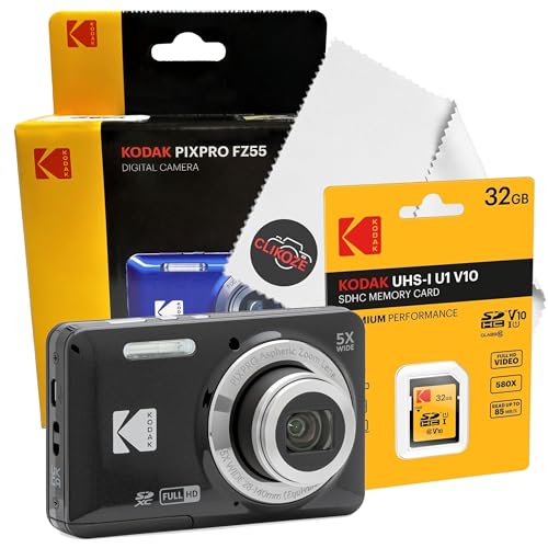 Digital Camera Set Bundle with Kodak Pixpro FZ55 Compact Digital Camera 32gb SD Card and Clikoze Cleaning Cloth (Black)