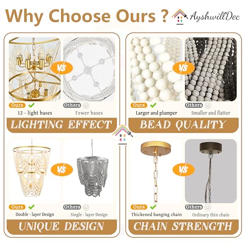 AyshwillDec 12-Light 25.6" Boho Wood Beaded Chandelier for Living Room, H88 Adjustable 2-Tier Gold Large Boho Chandelier for Entryway, Dimmable Coastal Chandeliers for Bedroom Foyer Staircase - Image 3