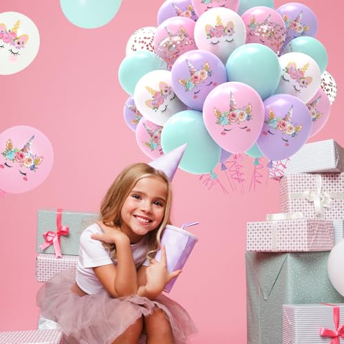 Image of Unicorn Pastel Balloons - 51pcs Light Pink Purple Macaron Tiffany Blue White Confetti Latex Balloons for Girls Women Unicorn Birthday Baby Shower Wedding Princess Party Decorations