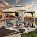 YITAHOME 10x10ft Patio Gazebo Outdoor Double Roof Canopy Gazebo w/Netting & Curtains, Soft Fabric Top Garden Winds Tent with Steel Frame for Lawn, Garden, Backyard and Deck, Khaki