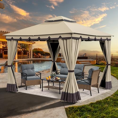 YITAHOME 10x10ft Patio Gazebo Outdoor Double Roof Canopy Gazebo w/Netting & Curtains, Soft Fabric Top Garden Winds Tent with Steel Frame for Lawn, Garden, Backyard and Deck, Khaki