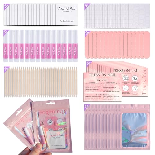 Disposable Nail Supplies Kits Professional Manicure Press On Nail Tool Kit with Nail File Adhesive Tabs Nail Glue Sticks Prep Pads Bags Cards for Nail Business (140pcs20set-pink)