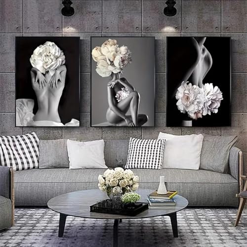 Affiches de fleurs et plumes de femmes sur toile 80x110cm salon sans cadre