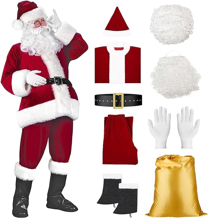 Santa Claus Costume for Men 9PCS Deluxe Christmas Velvet Suit - Professional Adult Santa Costume