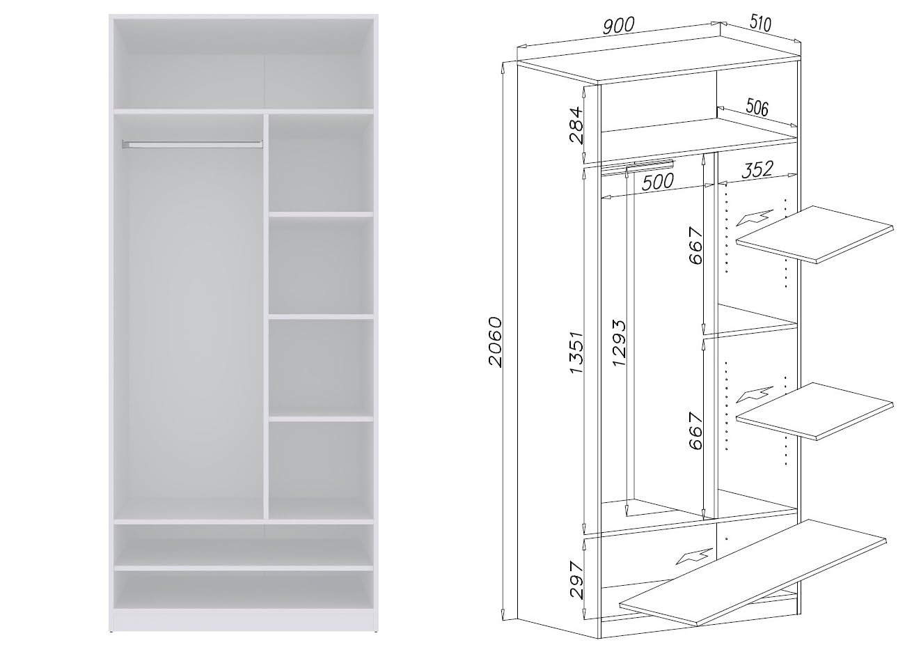 Marmex Schranksystem TRES C, offener Kleiderschrank mit Kleiderbügeln, Ablagen, Schubladen, Mehrzweckschrank-Set für Schlafzimmer, Ankleidezimmer 190x206x51 cm (weiß)