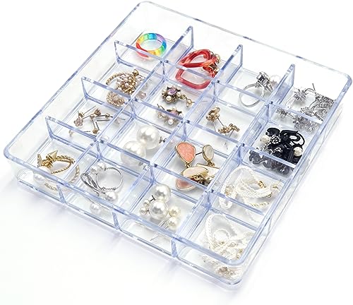carrotez Small Stackable Jewelry Organizer Tray, 16 Grid, Clear Plastic Drawer Organizer for Makeup, Accessories, Desk, Vanity