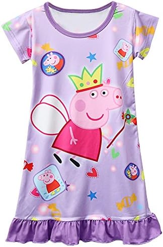Pig Pattern Dress with Girls' Skirt, Nightgown 3y - 8y, Purple, 3T