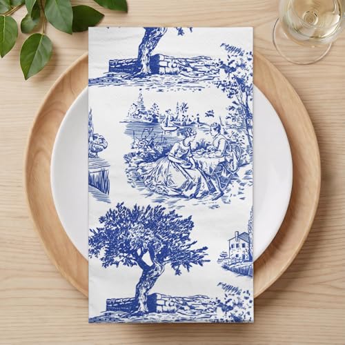 RUSPEPA 25 Pcs Blue Toile Decorative Paper Hand Towels Vintage Countryside Disposable Guest Napkins for Bathroom 3 Ply 4.3 x 7.5 Folded Seasonal Dinner Decorative for Wedding Tea Party Holiday